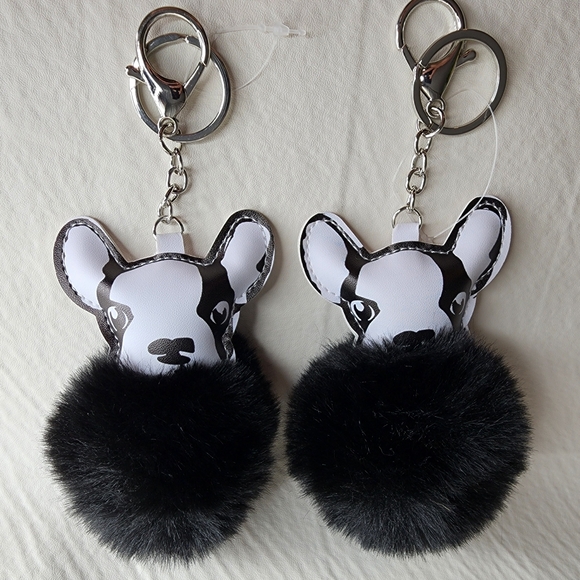 Boston Terrier / French Bulldog Dog Keychains Pom Pom Black White Set of 2 NWOT - Picture 15 of 15